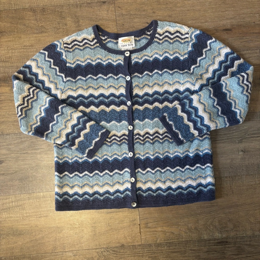 Talbots Women’s Blue and White Zigzag Cardigan
